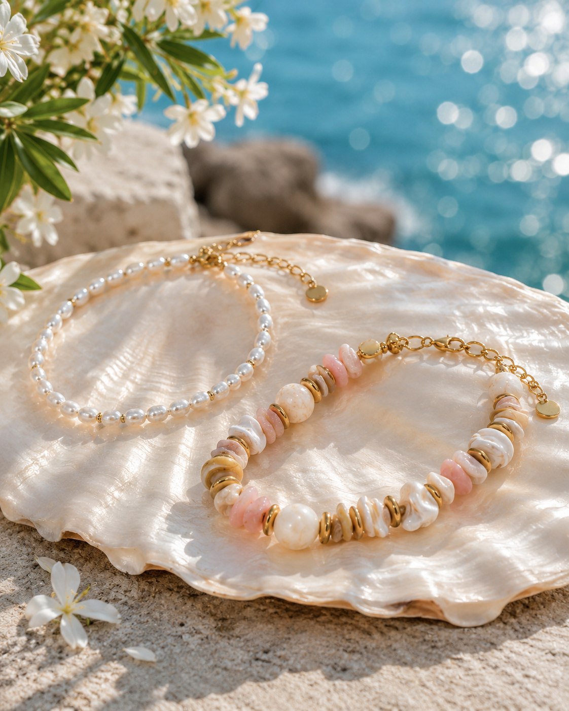 תקריב סט צמידי Rosé Shore עם פנינים, צדפים ואלמנטים בציפוי זהב