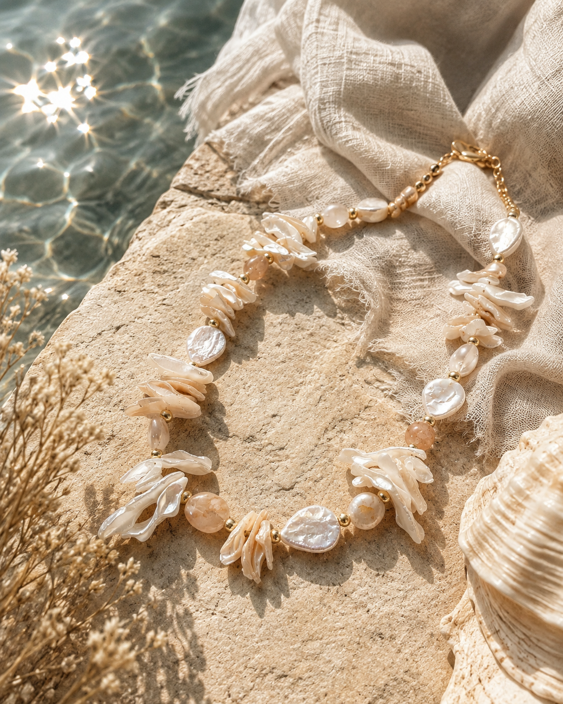 שרשרת Blush Coast בעבודת יד עם פנינים, צדפים ואבני אגת סאקורה